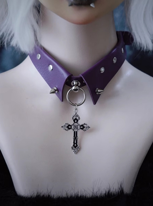 Sweet Cool Hottie Subculture Punk Gothic False Collar PU Leather Cross Pendant Rivets Choker Necklace