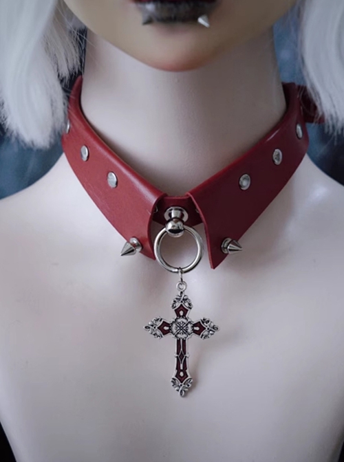 Sweet Cool Hottie Subculture Punk Gothic False Collar PU Leather Cross Pendant Rivets Choker Necklace