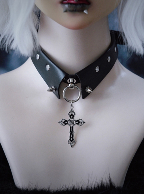 Sweet Cool Hottie Subculture Punk Gothic False Collar PU Leather Cross Pendant Rivets Choker Necklace