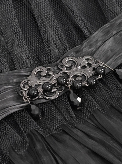 Gothic Style Light Pleated Braided Material Metal Buckle Gem Pendant Mesh Hem Black Personalized Hard Mesh Collar