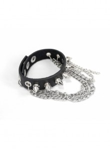 Punk Style Handsome Multi Row Metal Chain Personalized Rivet Black Adjustable Leather Bracelet