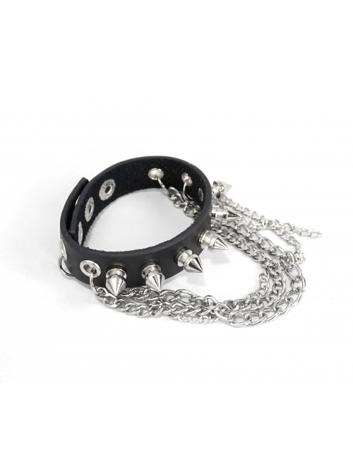 Punk Style Handsome Multi Row Metal Chain Personalized Rivet Black Adjustable Leather Bracelet
