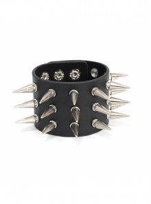 Punk Style Wild Wide Brim With Multiple Rows Of Metal Rivets Adjustable Black Leather Bracelet