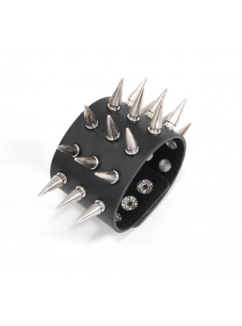 Punk Style Wild Wide Brim With Multiple Rows Of Metal Rivets Adjustable Black Leather Bracelet