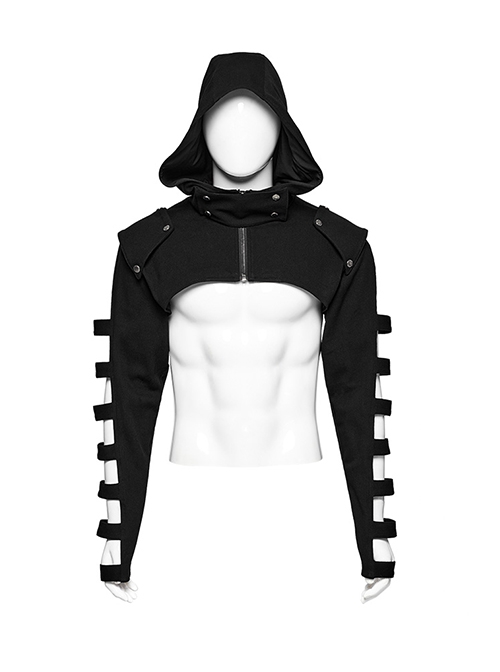 Punk Style Handsome Stand Collar Rivet Decoration Unique Black Hollow Long Sleeves Slim Hooded Short Jacket