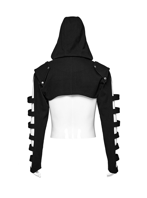 Punk Style Handsome Stand Collar Rivet Decoration Unique Black Hollow Long Sleeves Slim Hooded Short Jacket