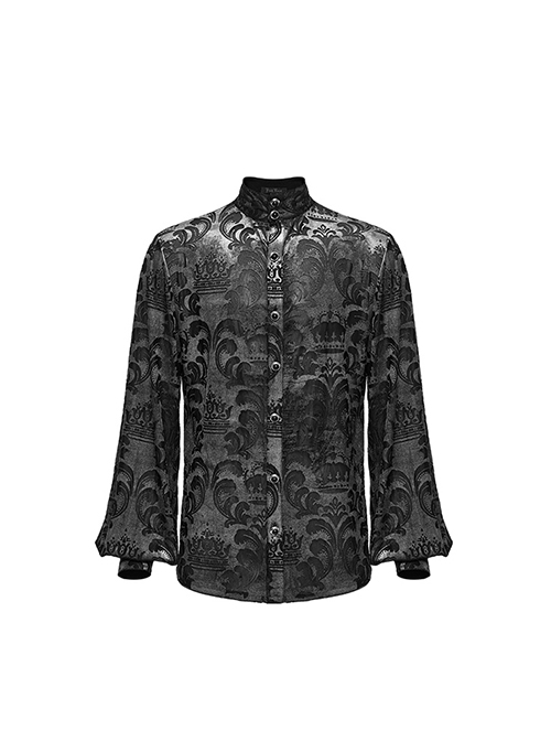 Gothic Style Stand Collar Luxurious Velvet Floral Fabric Jewel Button Vintage Black Grey Long Sleeves Shirt