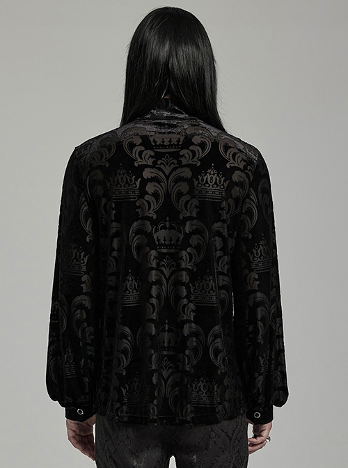 Gothic Style Elegant Stand Collar Gorgeous Velvet Floral Pattern Vintage Black Long Sleeves Slim Fit Shirt