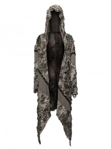 Punk Style Doomsday Feeling Tie Dyed Knitted Ripped Holes Handsome Black Brown Hooded Long Sleeves Jacket