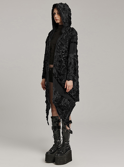 Punk Style Knitted Ripped Decadent Ribbon Cross Decoration Handsome Black Long Sleeves Loose Hooded Jacket