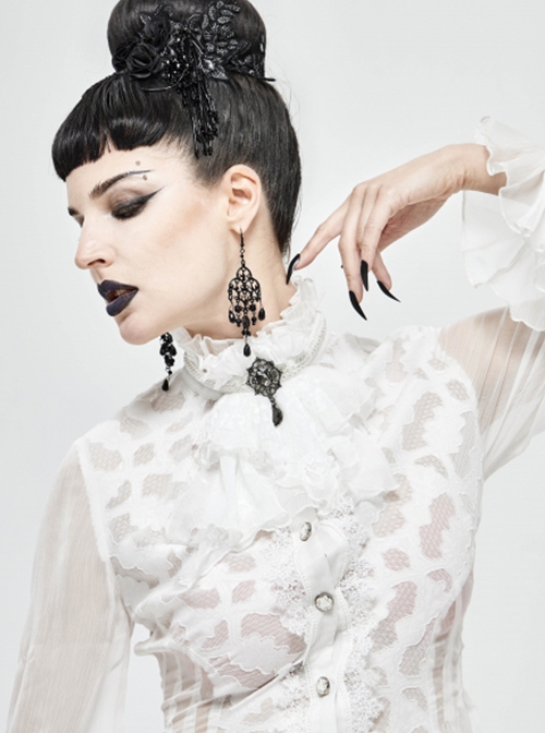 Gothic Style Sexy Lace Mesh Front Center Diamond Pendant Decoration White Women's Collar