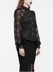 Gothic Style Elegant Lapel Exquisite Lace Splicing Ruffle Decoration Black Long Lantern Sleeves Slim Shirt