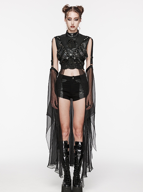 Punk Style Leather Chiffon Splicing Metal Rivet Decoration Sexy Black Adjustable Sleeves Mesh Long Cloak