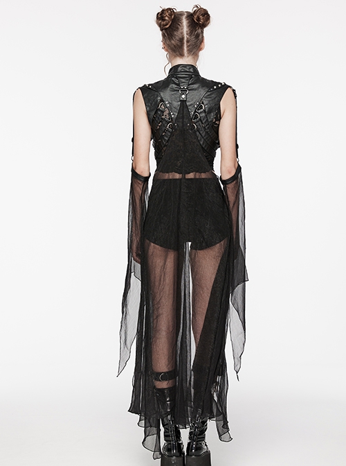 Punk Style Leather Chiffon Splicing Metal Rivet Decoration Sexy Black Adjustable Sleeves Mesh Long Cloak