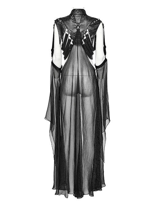 Punk Style Leather Chiffon Splicing Metal Rivet Decoration Sexy Black Adjustable Sleeves Mesh Long Cloak