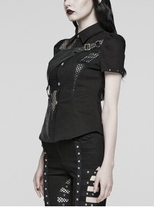 Punk Style Leather Mesh Patchwork Skull Button Rivet Decoration Asymmetric Black Short Sleeves Shirt