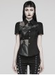 Punk Style Leather Mesh Patchwork Skull Button Rivet Decoration Asymmetric Black Short Sleeves Shirt