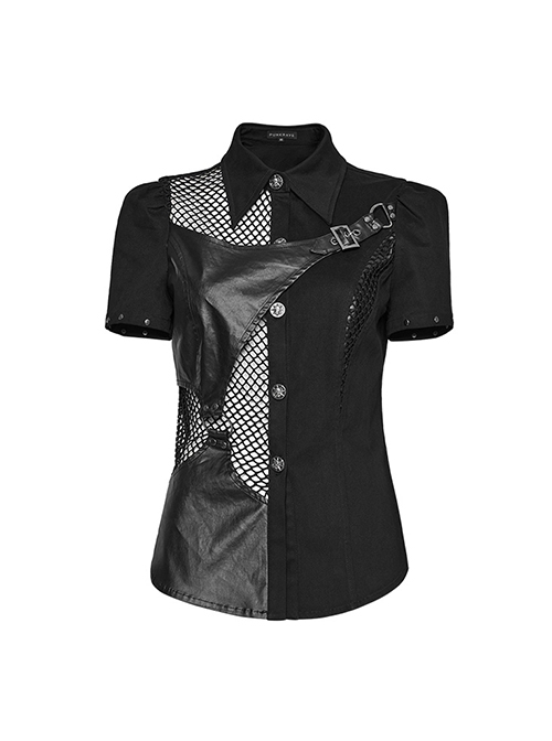 Punk Style Leather Mesh Patchwork Skull Button Rivet Decoration Asymmetric Black Short Sleeves Shirt