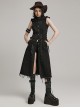 Punk Style Unique Raw Edge Metal Pin Decoration Side Drawstring Cool Black Sleeveless Hooded Long Vest