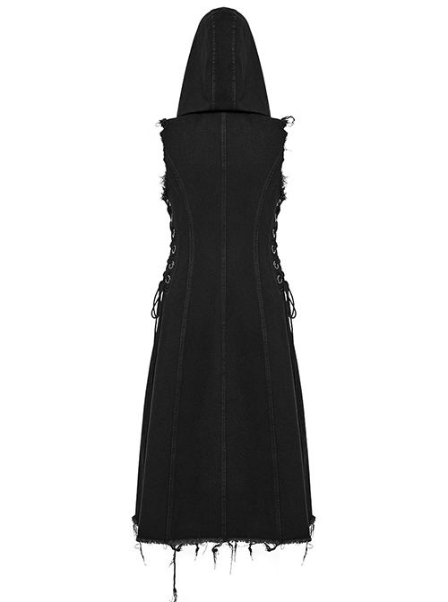 Punk Style Unique Raw Edge Metal Pin Decoration Side Drawstring Cool Black Sleeveless Hooded Long Vest