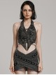 Punk Style Tattered Knitted Fabric Cross Straps Sexy Backless Design Gray Halter Sleeveless Tight Vest