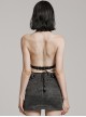 Punk Style Tattered Knitted Fabric Cross Straps Sexy Backless Design Gray Halter Sleeveless Tight Vest