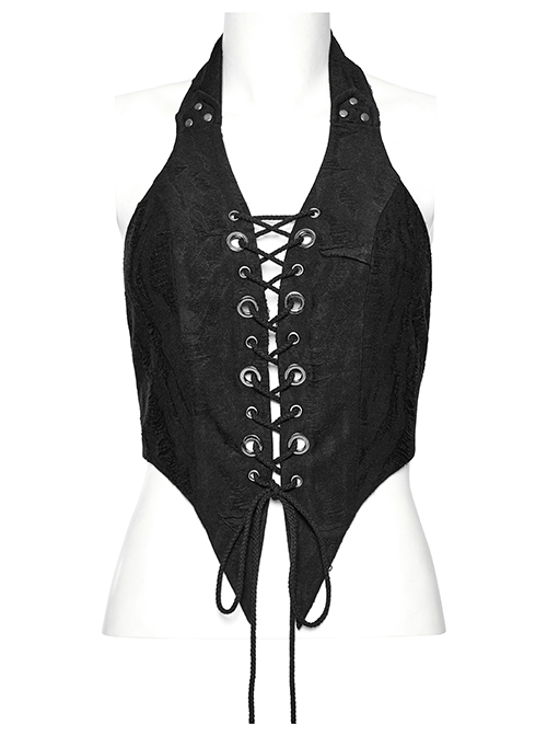 Punk Style Distressed Textured Knitted Fabric Spiked Hem Rivet Decoration Sexy Backless Black Halter Vest