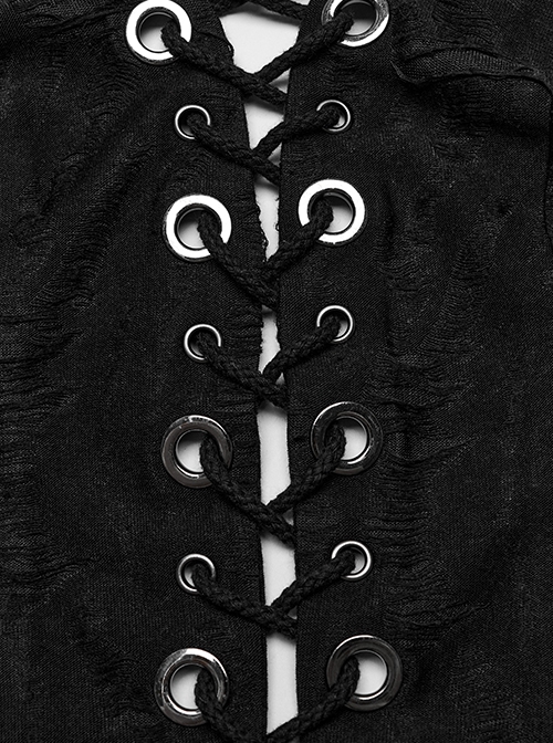 Punk Style Distressed Textured Knitted Fabric Spiked Hem Rivet Decoration Sexy Backless Black Halter Vest