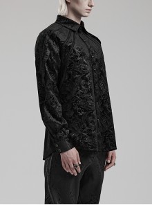 Gothic Style Luxurious Velvet Dark Pattern Exquisite Webbing Trim Vintage Gem Button Black Long Sleeves Shirt