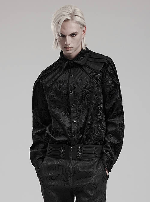 Gothic Style Luxurious Velvet Dark Pattern Exquisite Webbing Trim Vintage Gem Button Black Long Sleeves Shirt