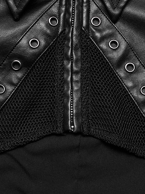 Punk Style Lapel Metal Rivet Decoration Mesh Hollow Stitching Cool Black Long Sleeves Short Leather Jacket