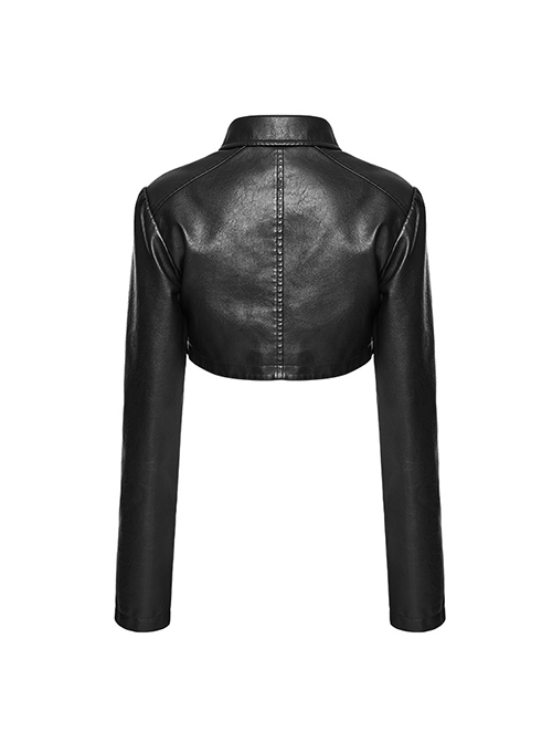 Punk Style Lapel Metal Rivet Decoration Mesh Hollow Stitching Cool Black Long Sleeves Short Leather Jacket