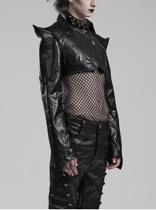 Punk Style Cool Textured Faux Leather Unique Pointed Shoulder Design Black Long Sleeves Short Leather Jacke