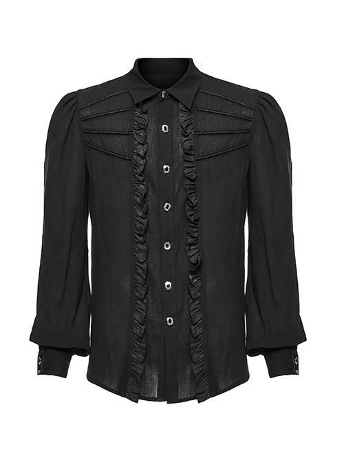 Gothic Style Elegant Lapel Exquisite Ruffle Placket Velvet Webbing Retro Frame Button Black Long Sleeves Shirt