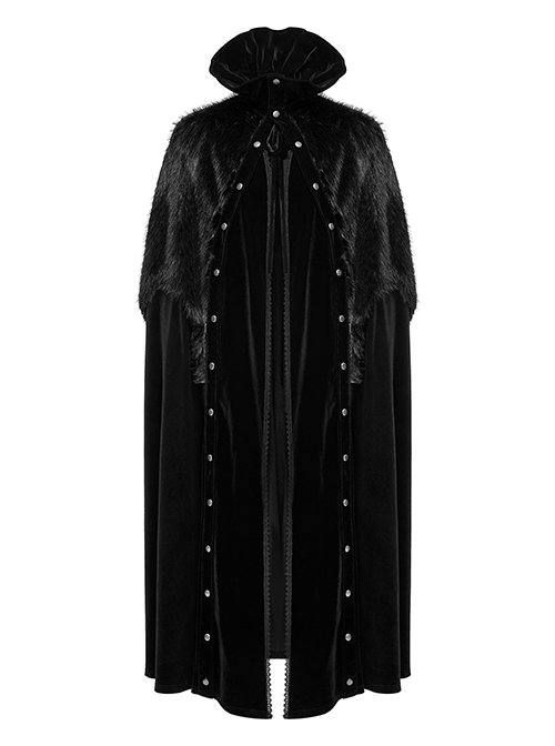 Gothic Style Ruffle Stand Collar Design Luxurious Velvet Stitching Plush Metal Rivet Decoration Black Cape
