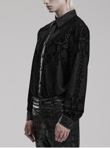 Gothic Style Leather Knitted Fabric Splicing Unique Flocking Pattern Skull Button Black Long Sleeves Shirt
