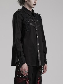 Punk Style Decadent Symmetrical Splicing Front Placket Cool Metal Skull Buckle Black Long Sleeves Shirt