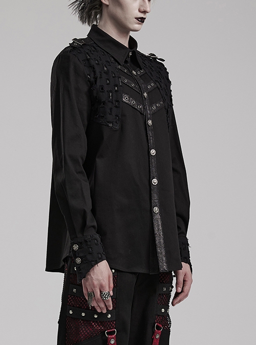 Punk Style Decadent Symmetrical Splicing Front Placket Cool Metal Skull Buckle Black Long Sleeves Shirt