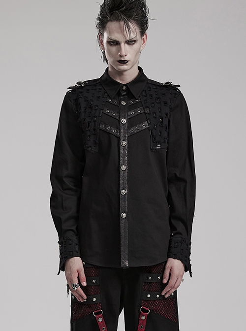 Punk Style Decadent Symmetrical Splicing Front Placket Cool Metal Skull Buckle Black Long Sleeves Shirt