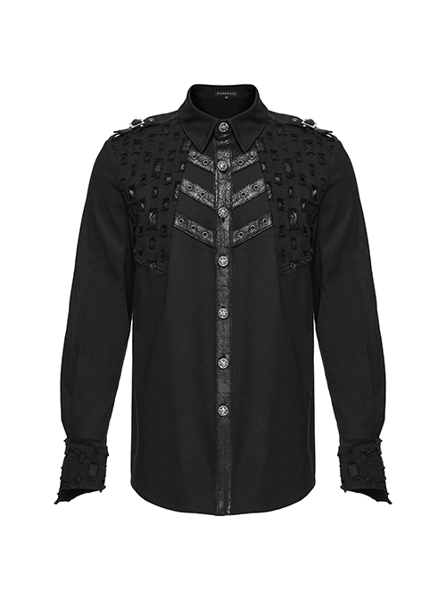 Punk Style Decadent Symmetrical Splicing Front Placket Cool Metal Skull Buckle Black Long Sleeves Shirt