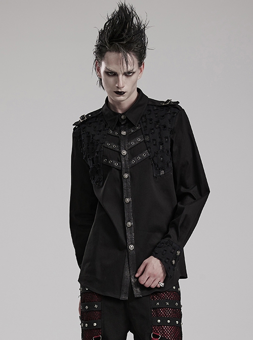 Punk Style Decadent Symmetrical Splicing Front Placket Cool Metal Skull Buckle Black Long Sleeves Shirt