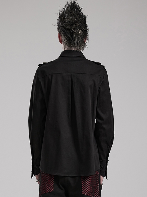 Punk Style Decadent Symmetrical Splicing Front Placket Cool Metal Skull Buckle Black Long Sleeves Shirt