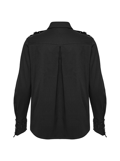 Punk Style Decadent Symmetrical Splicing Front Placket Cool Metal Skull Buckle Black Long Sleeves Shirt