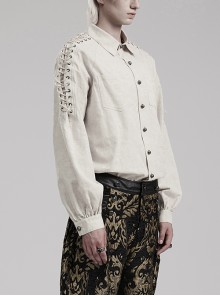 Punk Style Shoulder Drawstring Decoration Exquisite Dark Pattern Retro Bronze Button Beige Long Sleeves Shirt
