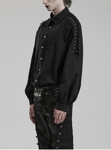 Punk Style Exquisite Dark Pattern Vintage Metal Buttons Shoulder Cross Straps Black Long Sleeves Shirt