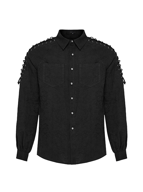 Punk Style Exquisite Dark Pattern Vintage Metal Buttons Shoulder Cross Straps Black Long Sleeves Shirt