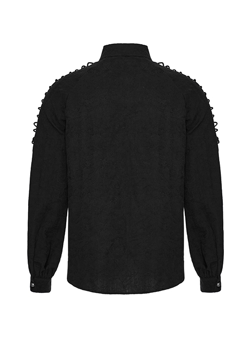 Punk Style Exquisite Dark Pattern Vintage Metal Buttons Shoulder Cross Straps Black Long Sleeves Shirt