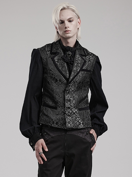 Gothic Style Vintage Lapel Jacquard Splicing Velvet Luxury Gem Buttons Gorgeous Black Gentleman Vest