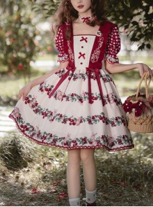 Midsummer Orchard Series Pastoral Style Ruffle Red Cherry Bunny Print Sweet Lolita Checkered Puff Sleeves Dress