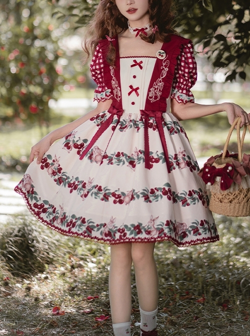 Midsummer Orchard Series Pastoral Style Ruffle Red Cherry Bunny Print Sweet Lolita Checkered Puff Sleeves Dress